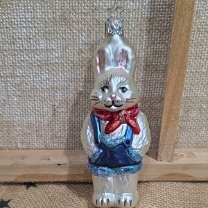 Inge Glass Bunny Festive Silver Bunny Ornament with Red Scarf